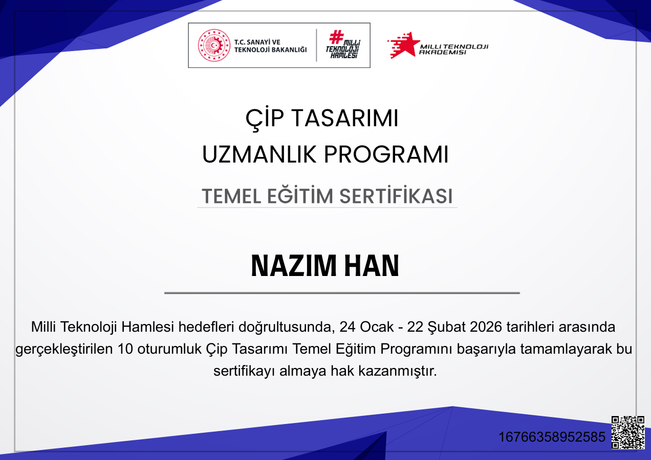Milli Teknoloji Akademisi Çip Tasarımı Temel Eğitim Sertifikası Önizleme